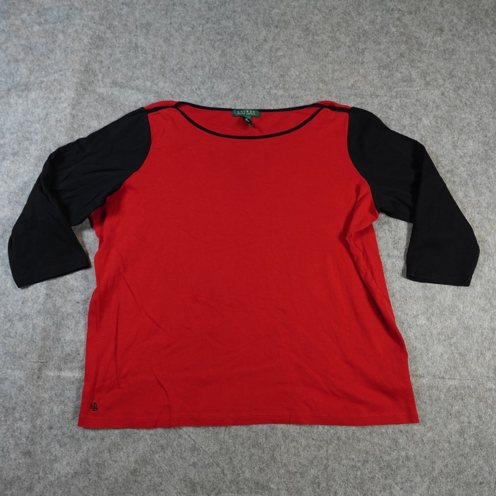 Ralph Lauren Top Womens 2X Raglan Sleeve Colorblock Baseball Tee 3/4 Sleeve Red‎